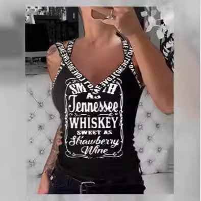 Dame tanktop med V-hals og iøynefallende trykk Skjora