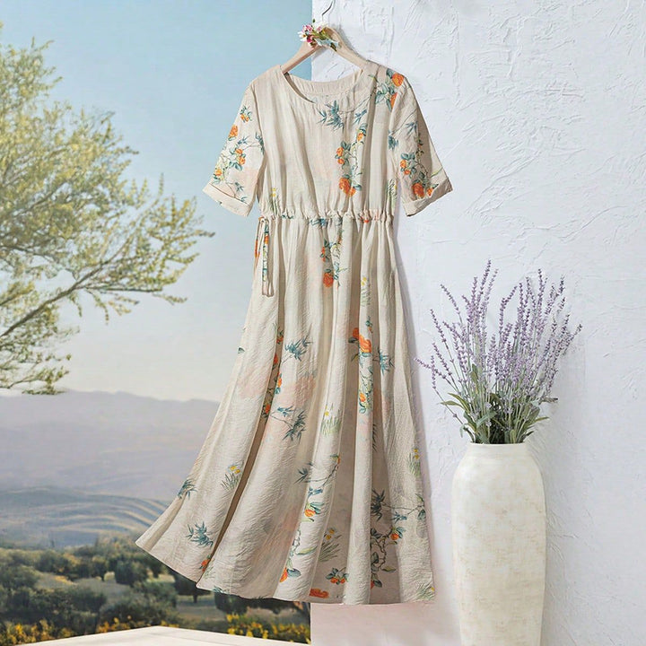 Dame Langerm Maxi-Kjole med floral design og elastisk belte Skjora