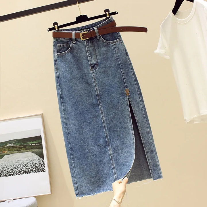 Kvinnes denim maxiskjørt med sideslitt Skjora