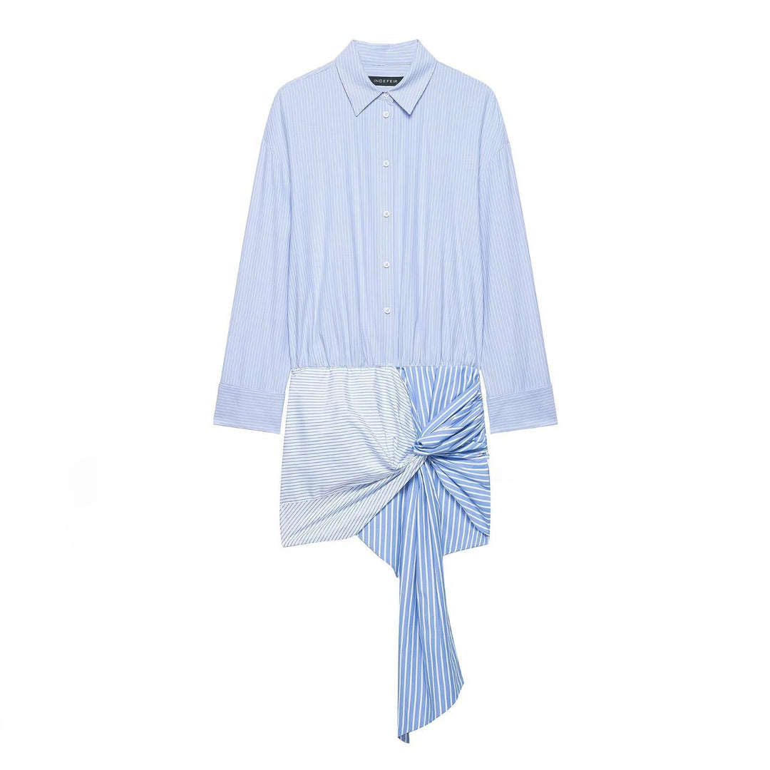 Damer langermet bluse med asymmetrisk knute-design og fine striper Skjora