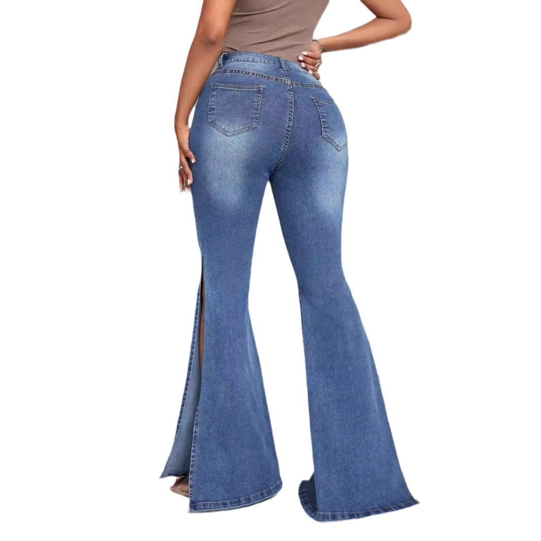 Dame elegante høyt liv flared jeans med sidelommer Skjora