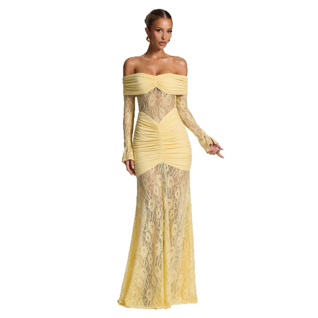 Damer elegant spissenkjole med off-shoulder utringning og rynker Skjora