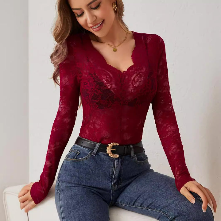 Dame Elegant spissbluse med V-hals og lange ermer Skjora