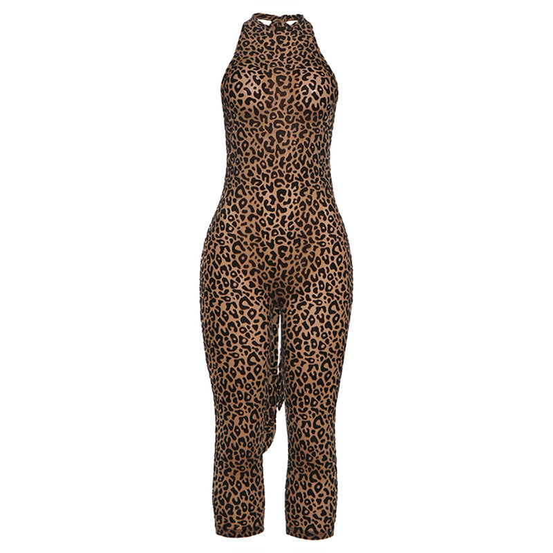 Dame figurnær jumpsuit med leopardmønster og høyhalset utringning Skjora