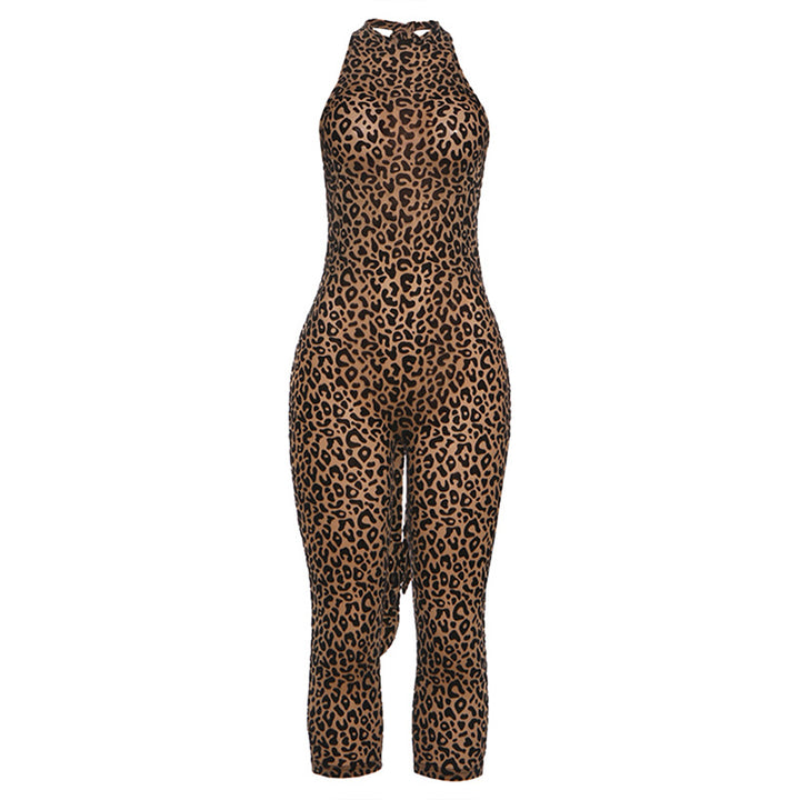 Dame figurnær jumpsuit med leopardmønster og høyhalset utringning Skjora