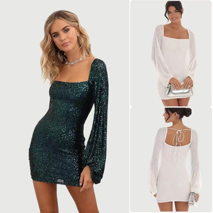 Damer Glamorous Mini Kjole med Elegante Pufferm og Glitrende Pailletter Skjora