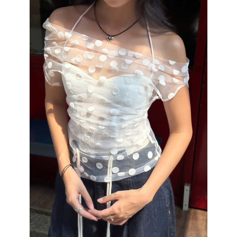Dame Elegant off-shoulder topp med polka dots og rynking Skjora