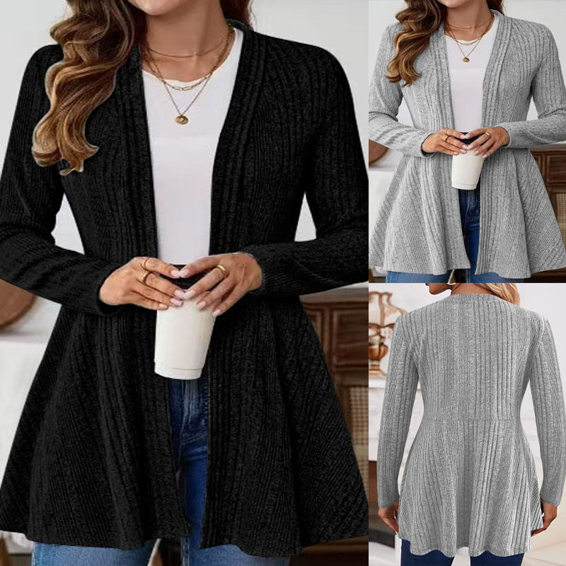 Dame lang cardigan med moderne ribbdesign og skreddersøm Skjora