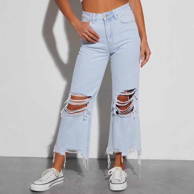 Dame casual boyfriend jeans med iøynefallende ødelagte detaljer og bred ben Skjora