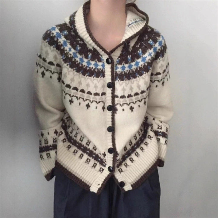 Damer fashionable cardigan med hette og tradisjonelt norsk mønster Skjora