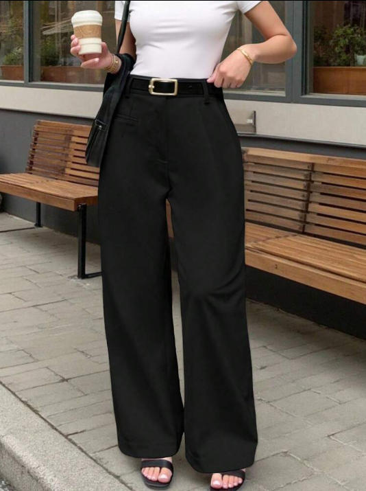 Dame Elegant og behagelig høy midje stoffbukse med bred ben Skjora