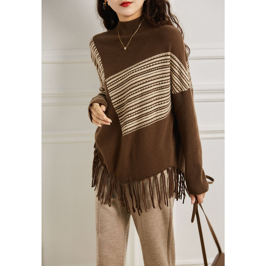 Dame oversized genser med grafisk stripe mønster og frynser Skjora