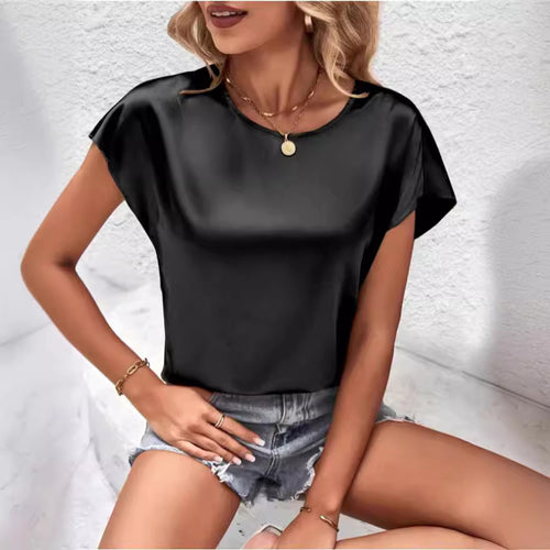 Damer Elegant Satin topp med avslappet snitt og korte ermer Skjora