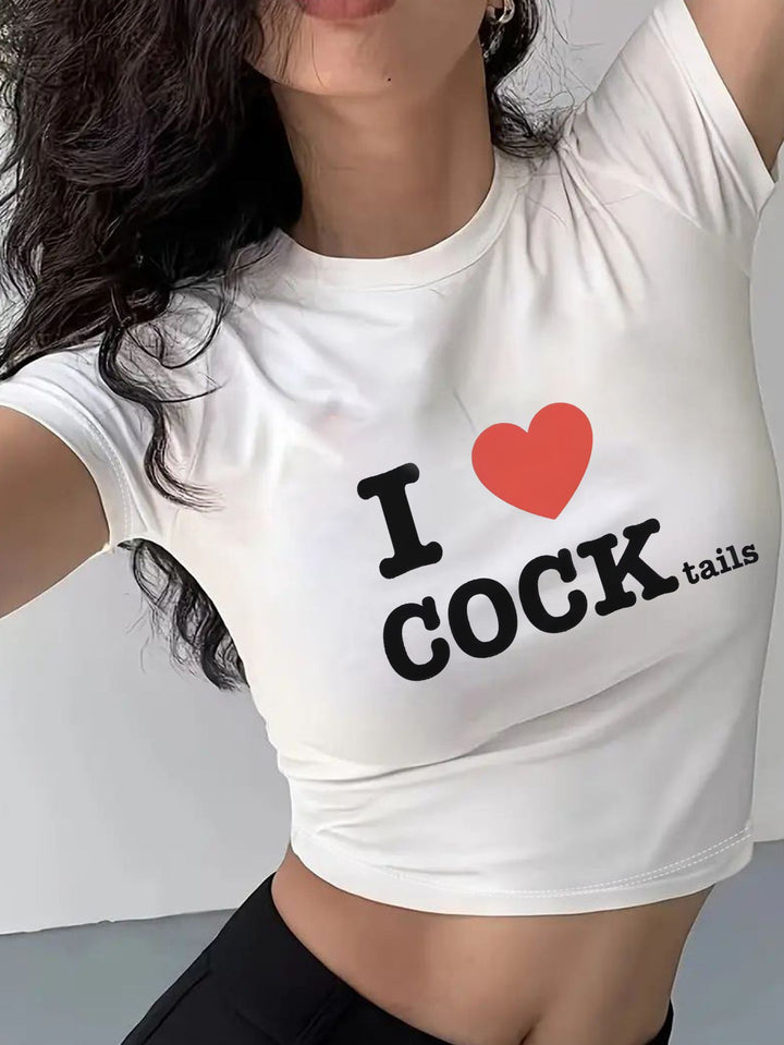 Dame Crop-T-skjorte med iøynefallende statement-trykk Skjora