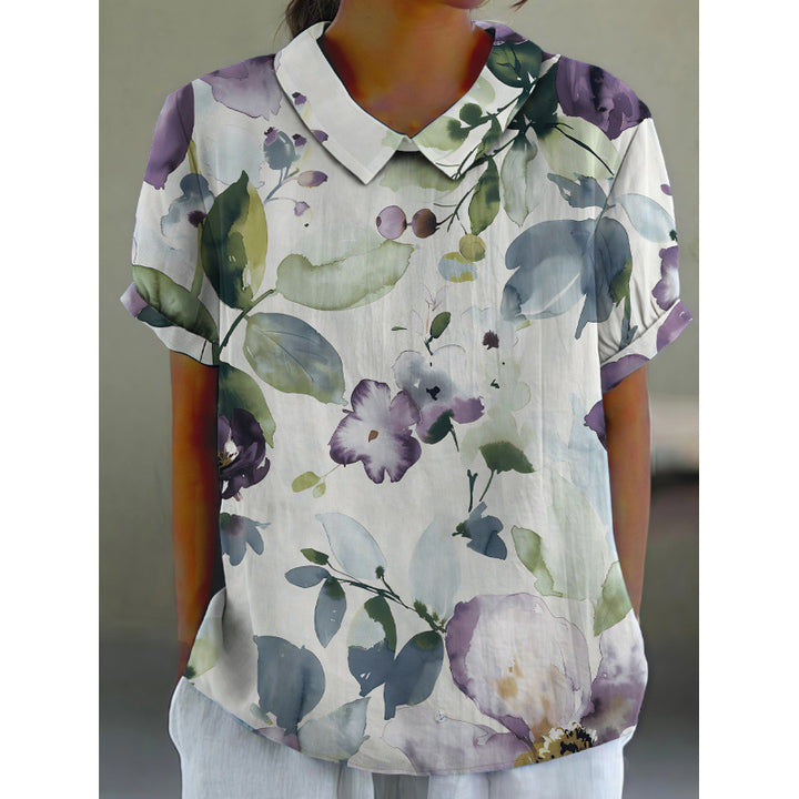 Dame kortermet bluse med florale accenter og klassisk krage Skjora