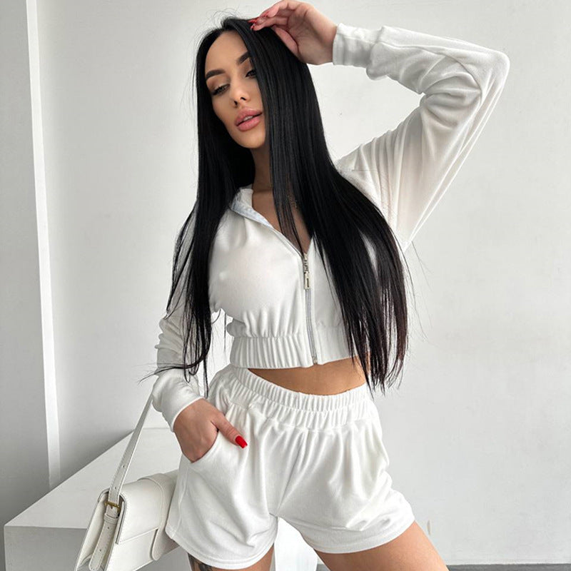 Dame sporty hettegenser og shorts-sett med elastisk midje Skjora