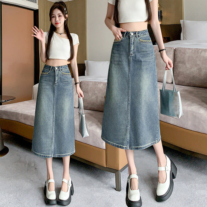 Kvinnenes denim midi skjørt med flagrende kant Skjora