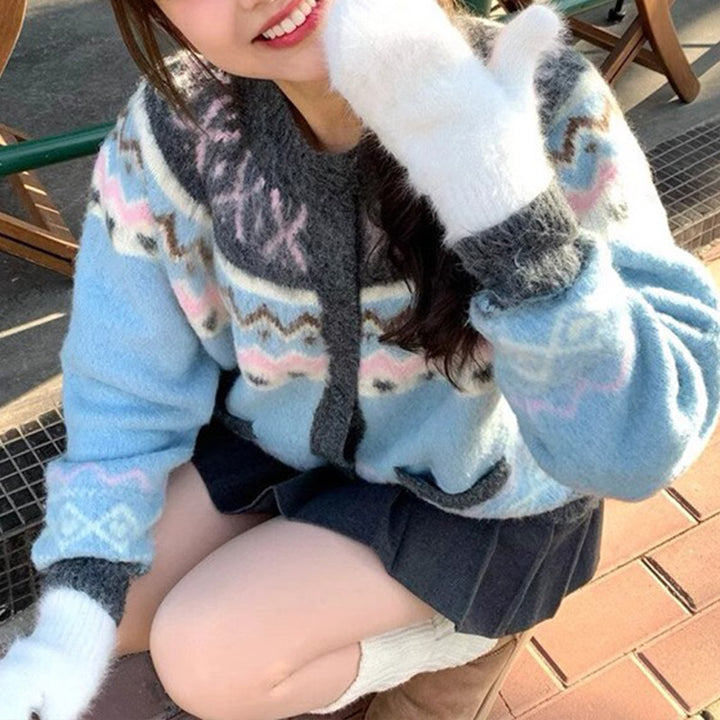 Dame cardigan med leken etnisk mønster og lommer Skjora