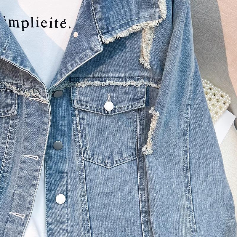 Dame moteriktige denimjakke med frynse detaljer Skjora