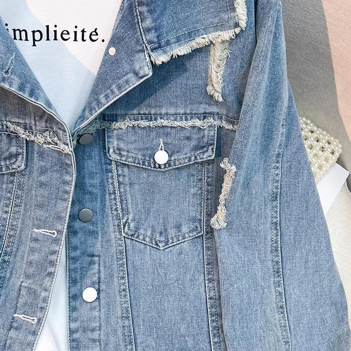 Dame moteriktige denimjakke med frynse detaljer Skjora