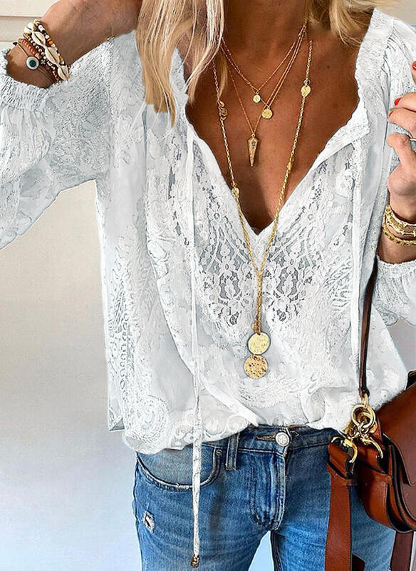 Dame elegant bluse med fin spiss og dyp V-hals Skjora