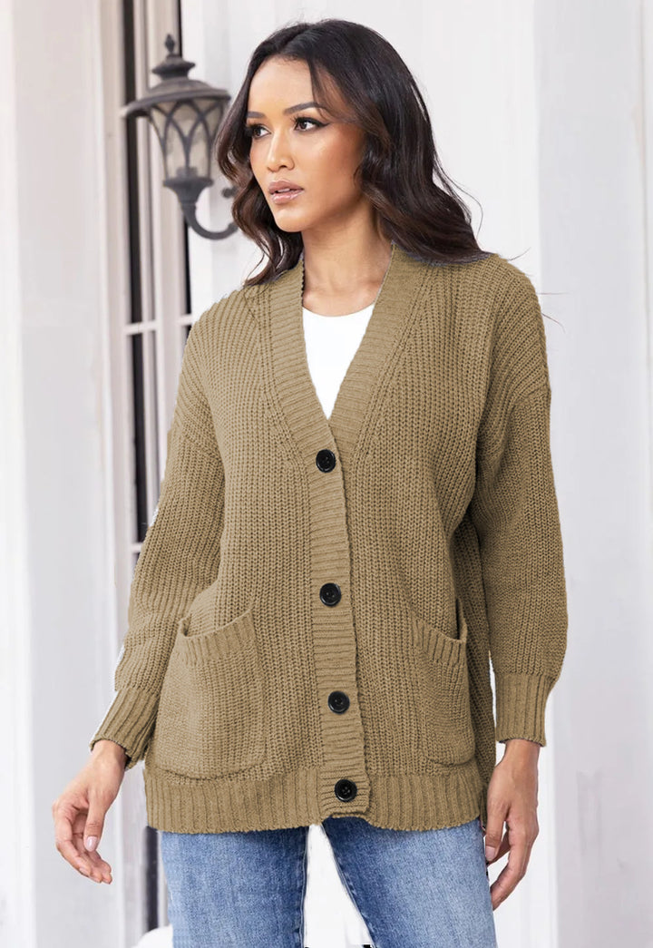 Dame chunky strikk cardigan med store lommer og klassisk V-hals Skjora