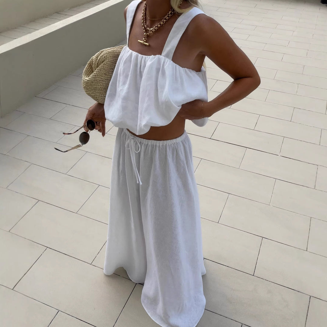 Women's airy maxi dress with wide straps and elastic waistband Skjora
