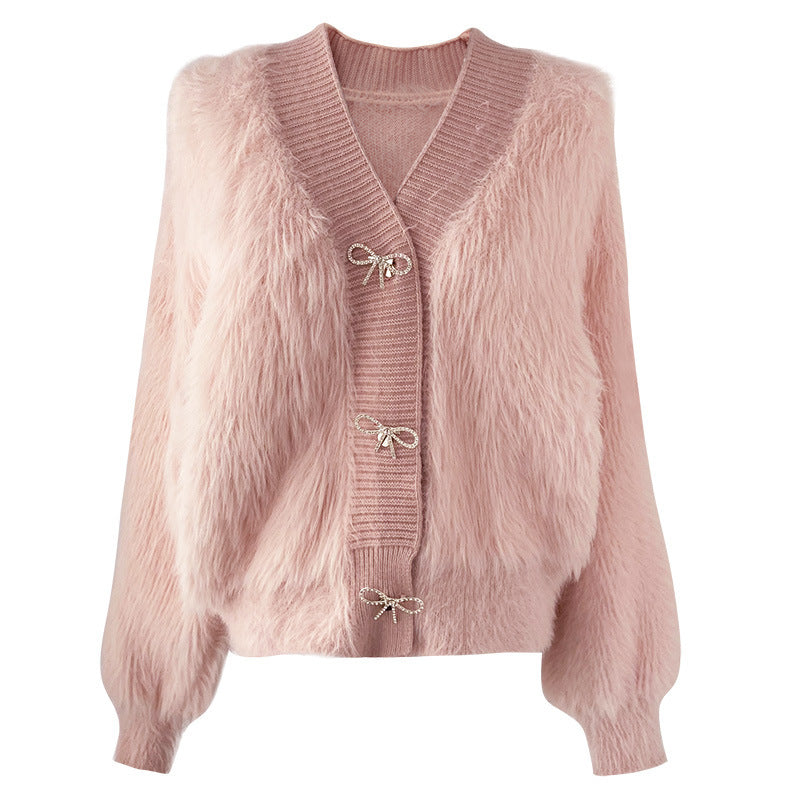 Kvinne Fluffy Cardigan med Elegant Knappdekorasjon Skjora