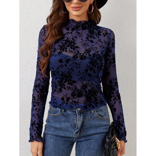 Dame Langermet T-skjorte med blomstret chiffon og transparente detaljer Skjora