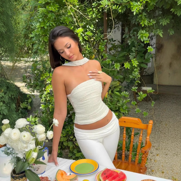 Damen Bandeau-Top mit schmalem Halstuch und glamourösen Akzenten Skjora