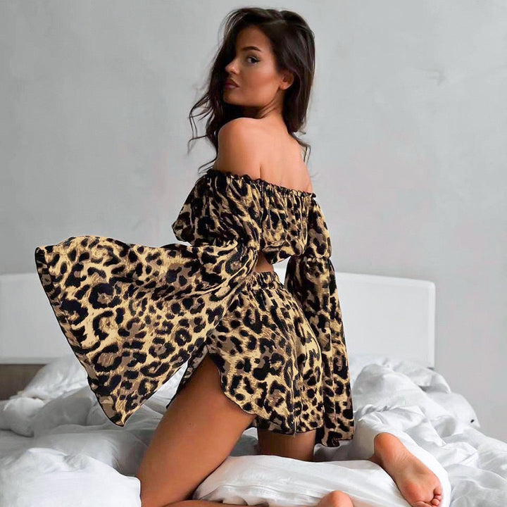 Dame Offshoulder Crop-Top med vid arm og leopardmønster Skjora