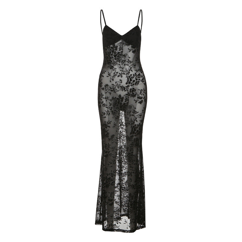 Dame Elegant spiss maxi-kjole med spaghetti-stropper og transparent utseende Skjora