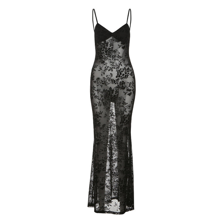 Dame Elegant spiss maxi-kjole med spaghetti-stropper og transparent utseende Skjora