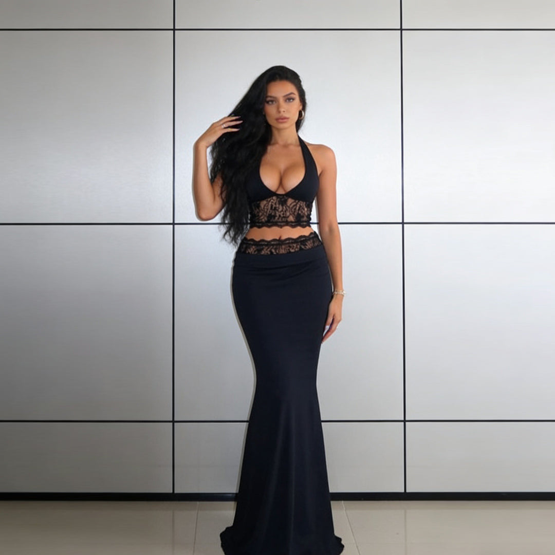 Dame Elegant Spiss-Crop-Top med høyt liv Maxiskjørt Skjora