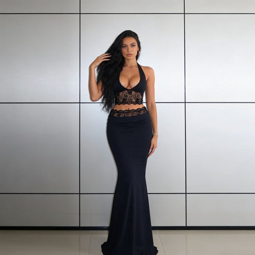 Dame Elegant Spiss-Crop-Top med høyt liv Maxiskjørt Skjora