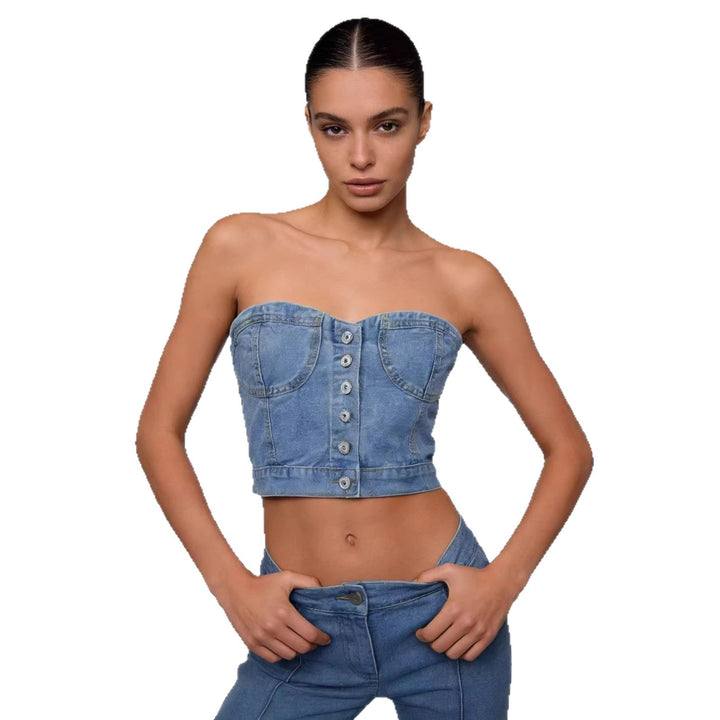 Dame Denim Bustier-top med knappedetaljer og innsnittet snitt Skjora