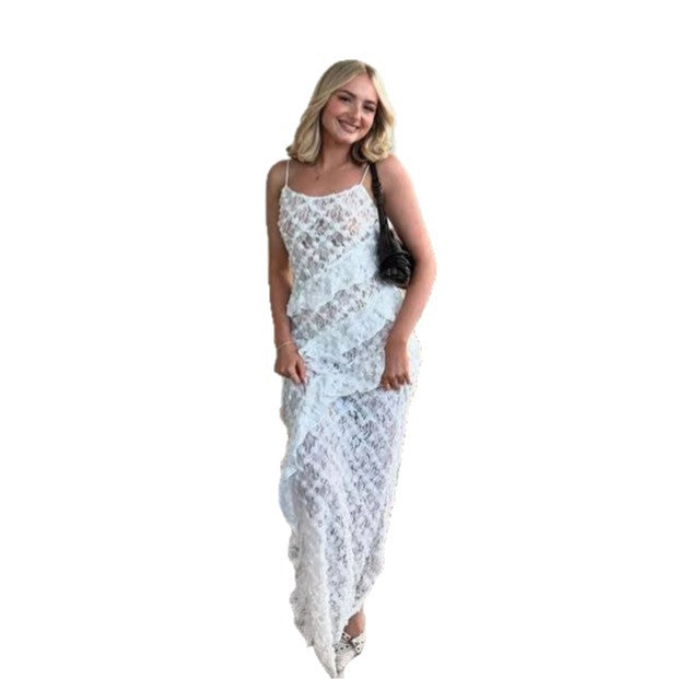 Damer Elegant Spets Maxikjole med asymmetrisk Drapering Skjora