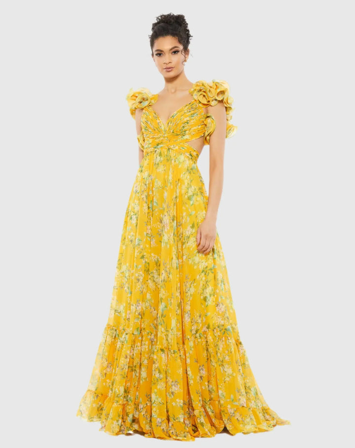Women's maxi dress with floral ruffles and a flowing design