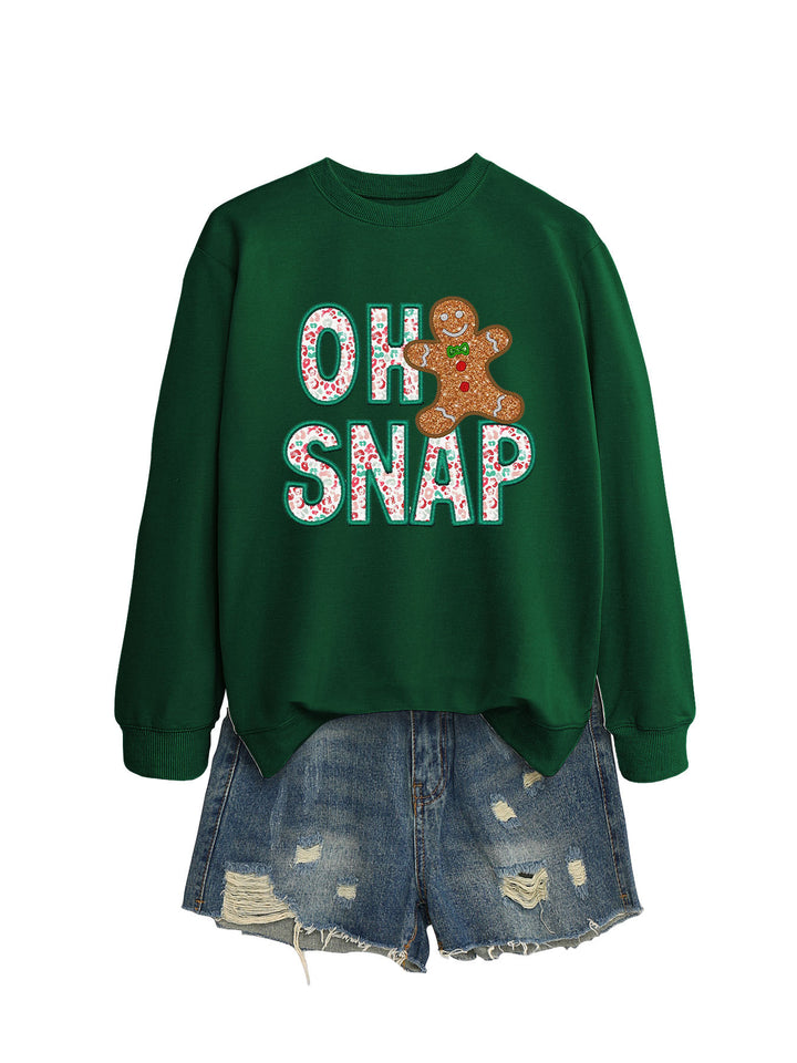 Dame sweatshirt med morsomt pepperkakemannmotiv og glitrende bokstaver Skjora