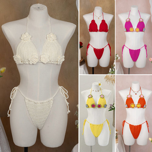 Damen Häkel-Bikini mit verspieltem Blumendesign und verstellbaren Bändern Skjora