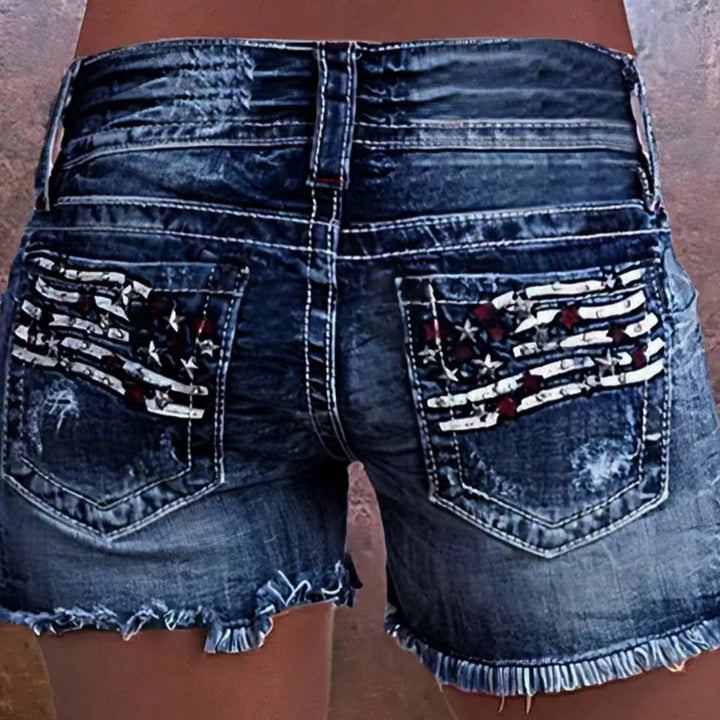 Dame Cargo-shorts med stilige rifte detaljer og patriotiske applikasjoner Skjora