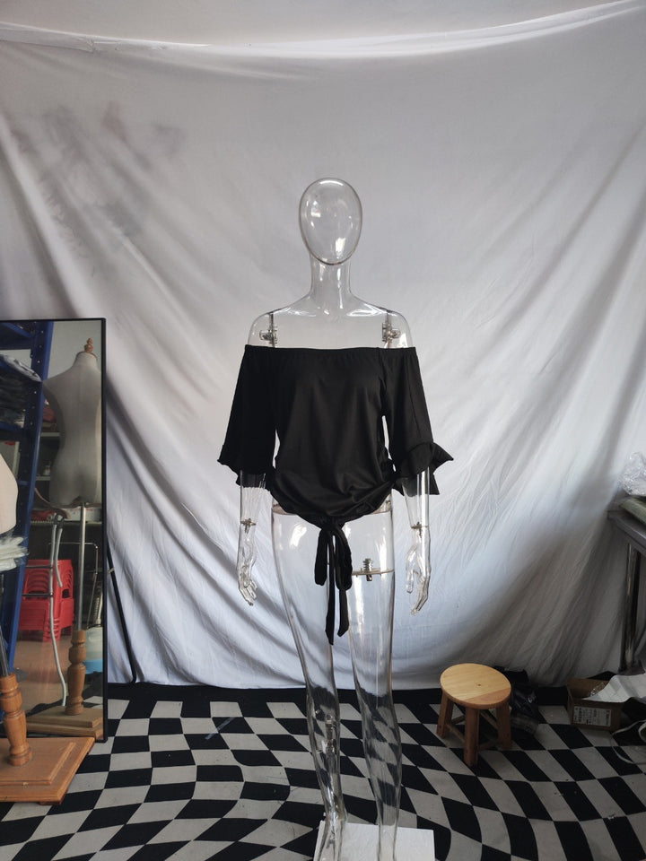 Dame Off-Shoulder-bluse med volangdetaljer og midjebinding Skjora