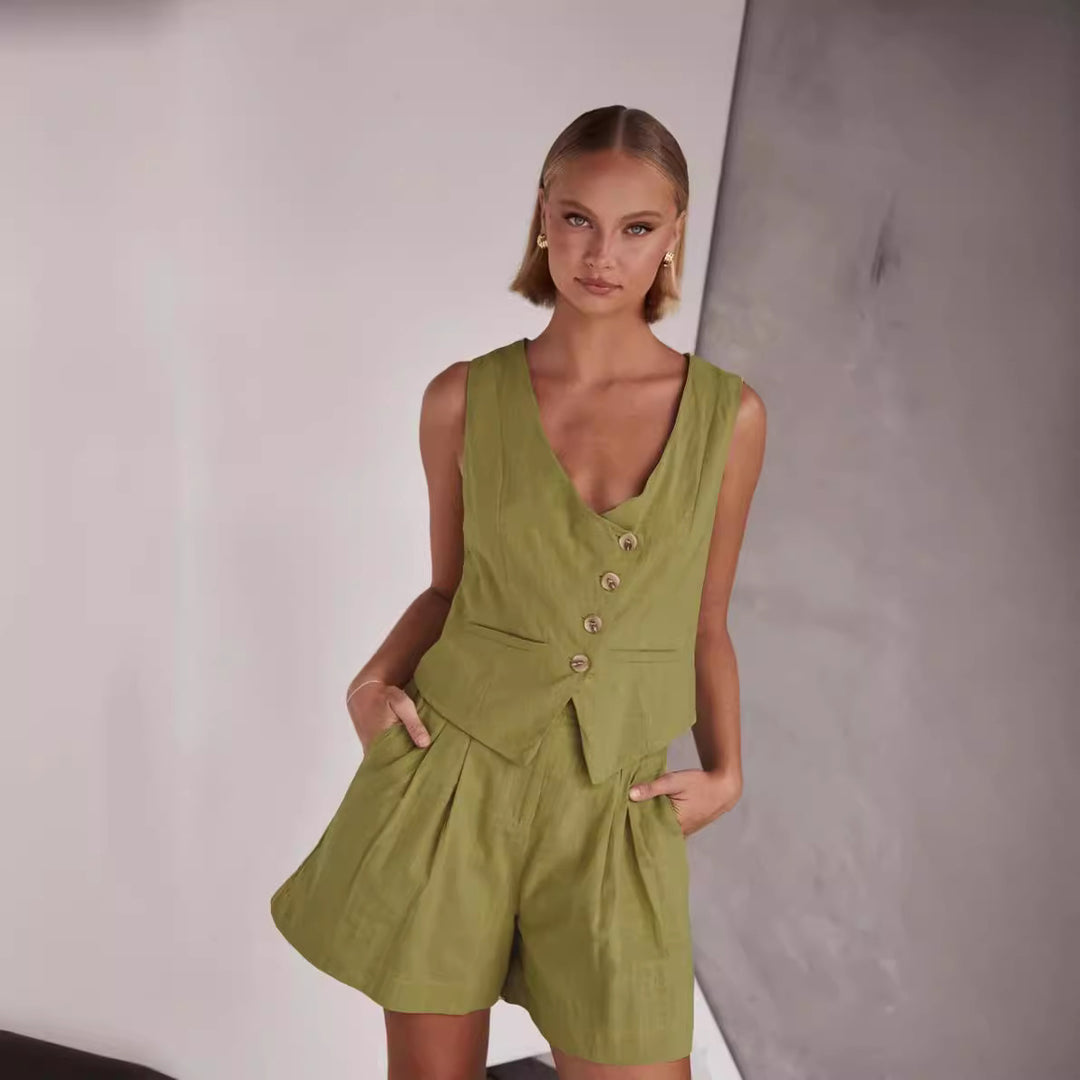 Dame Fritid To-delt med Korte Ermer Bluse og Shorts Skjora