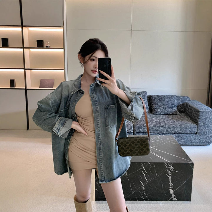 Kvinnes Oversize Denim Skjorte Skjora