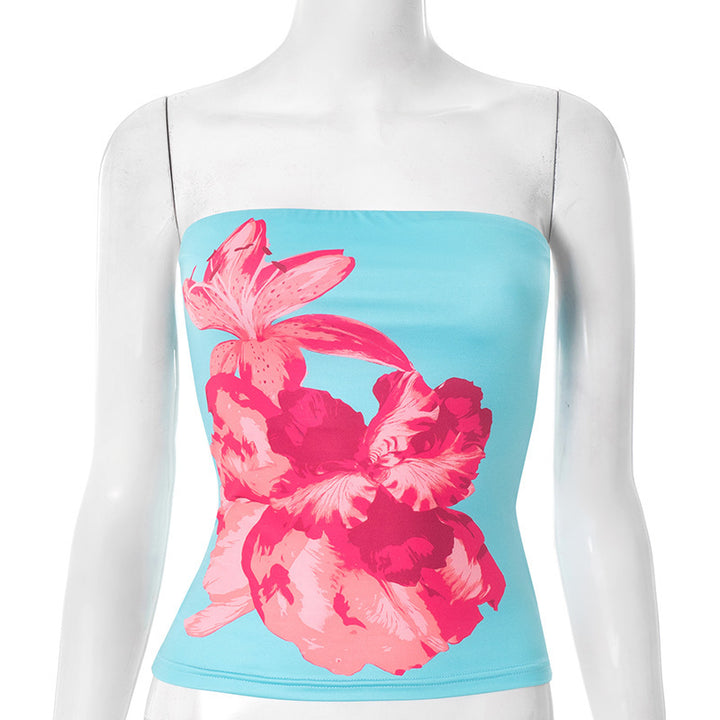 Dame Bandeau-top med blomstermønster og elastisk stoff Skjora