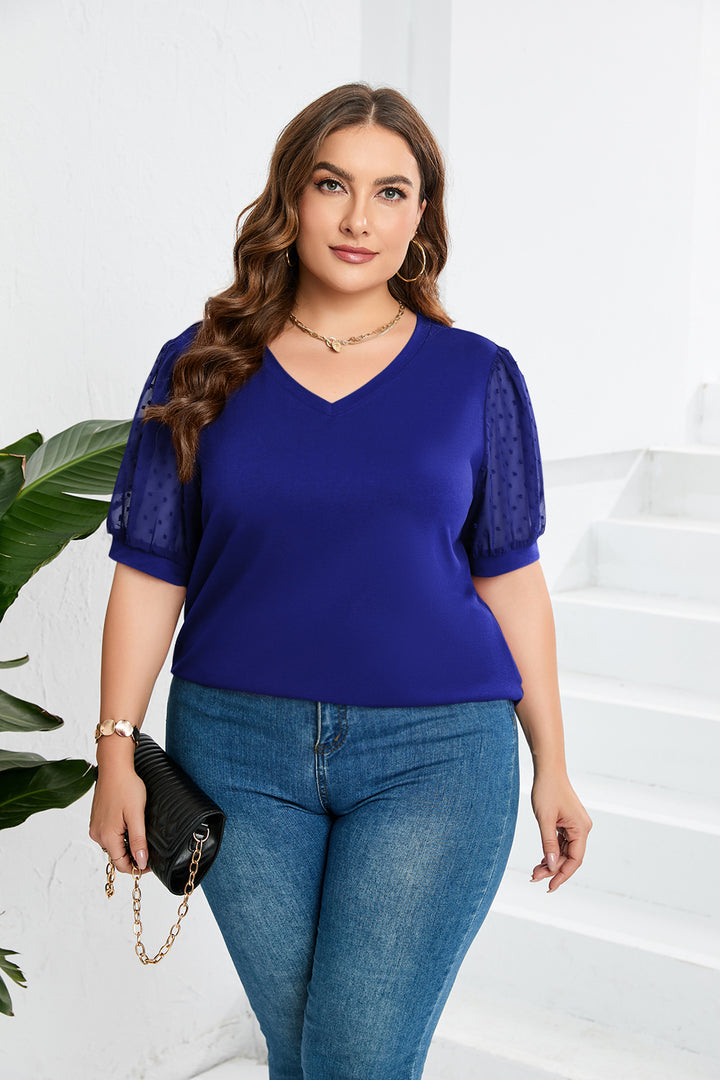 Dame elegant bluse skjorte med transparente puff ermer og V-hals Skjora