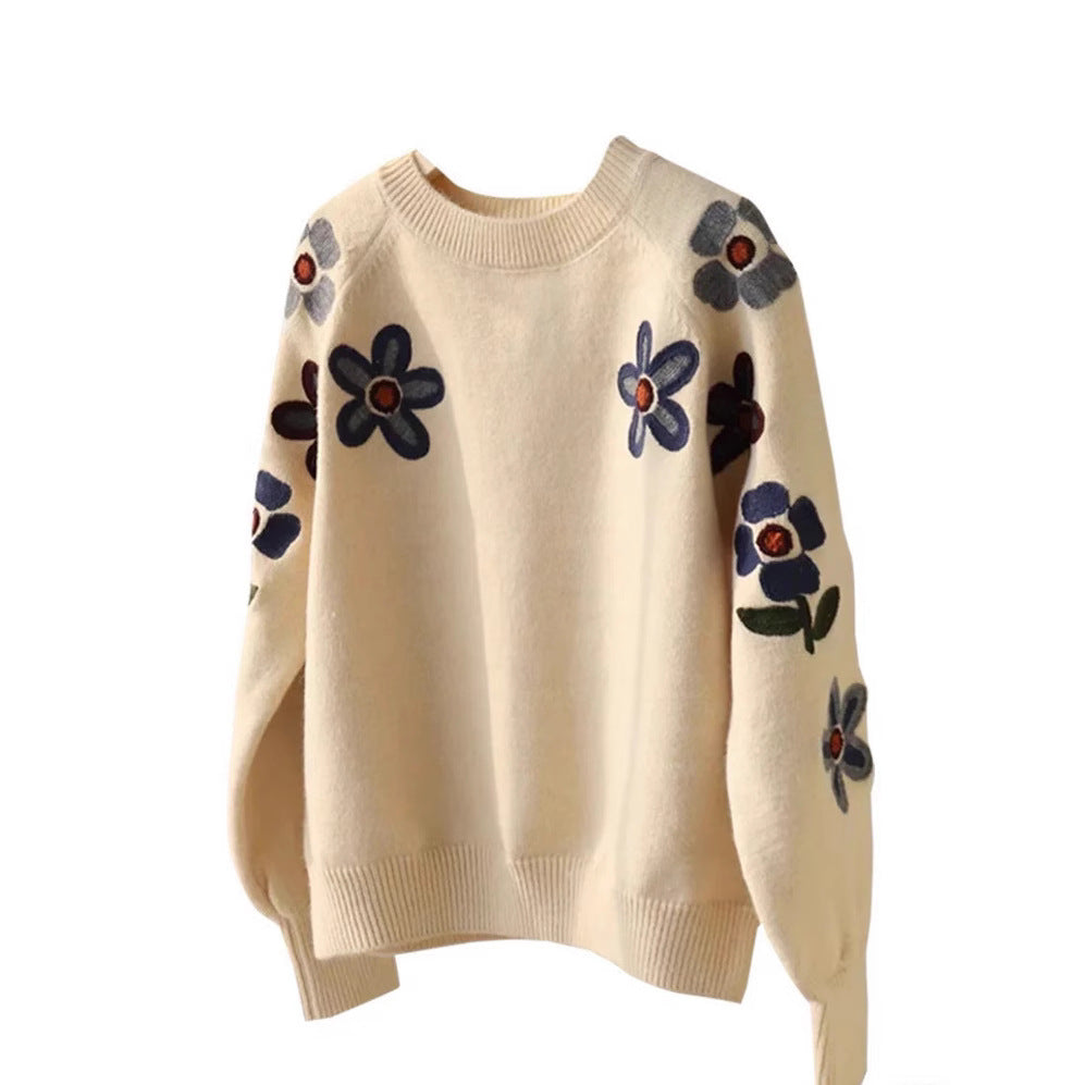 Damers motesweater med blomsterbroderi design Skjora