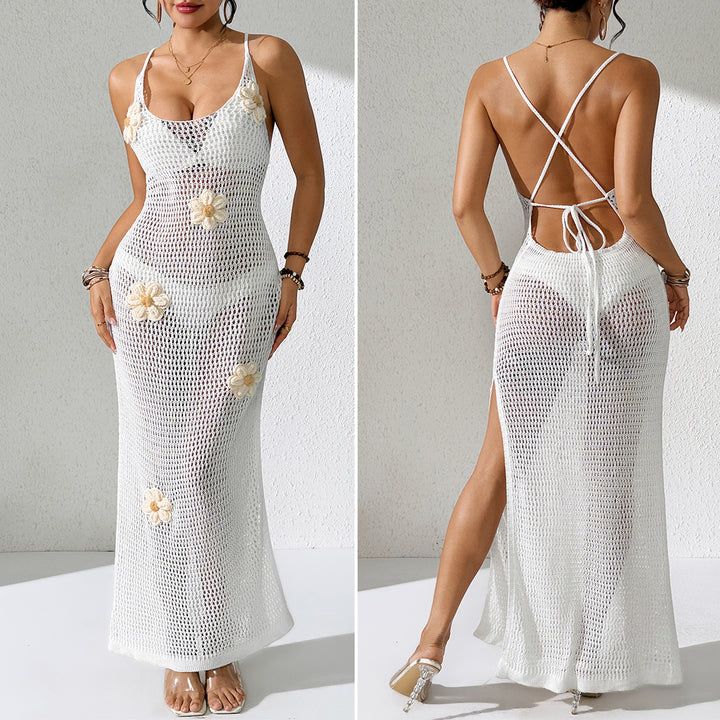 Damen Häkel-Strandkleid mit floralen Akzenten und schmalem Schnitt Skjora