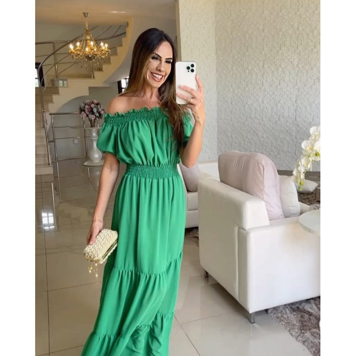 Dame Maxikjole med off-shoulder design og voluminøse ruffle detaljer Skjora