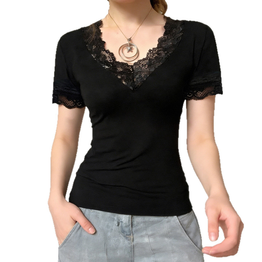 Dame Elegant spiss T-skjorte med V-hals og kort erm Skjora